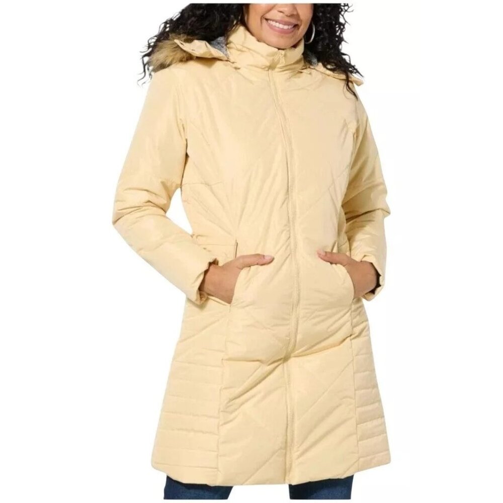 Sporto Daisy Water Resistant Quilted Long Coat Size 1X Removable Hood Natural